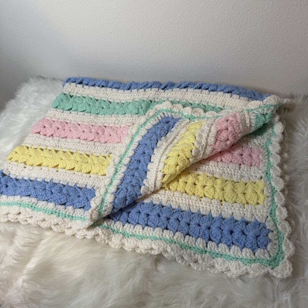 Vintage Handmade Crochet Baby Afghan Pastel Stripes 45"x31” Blanket Nursery